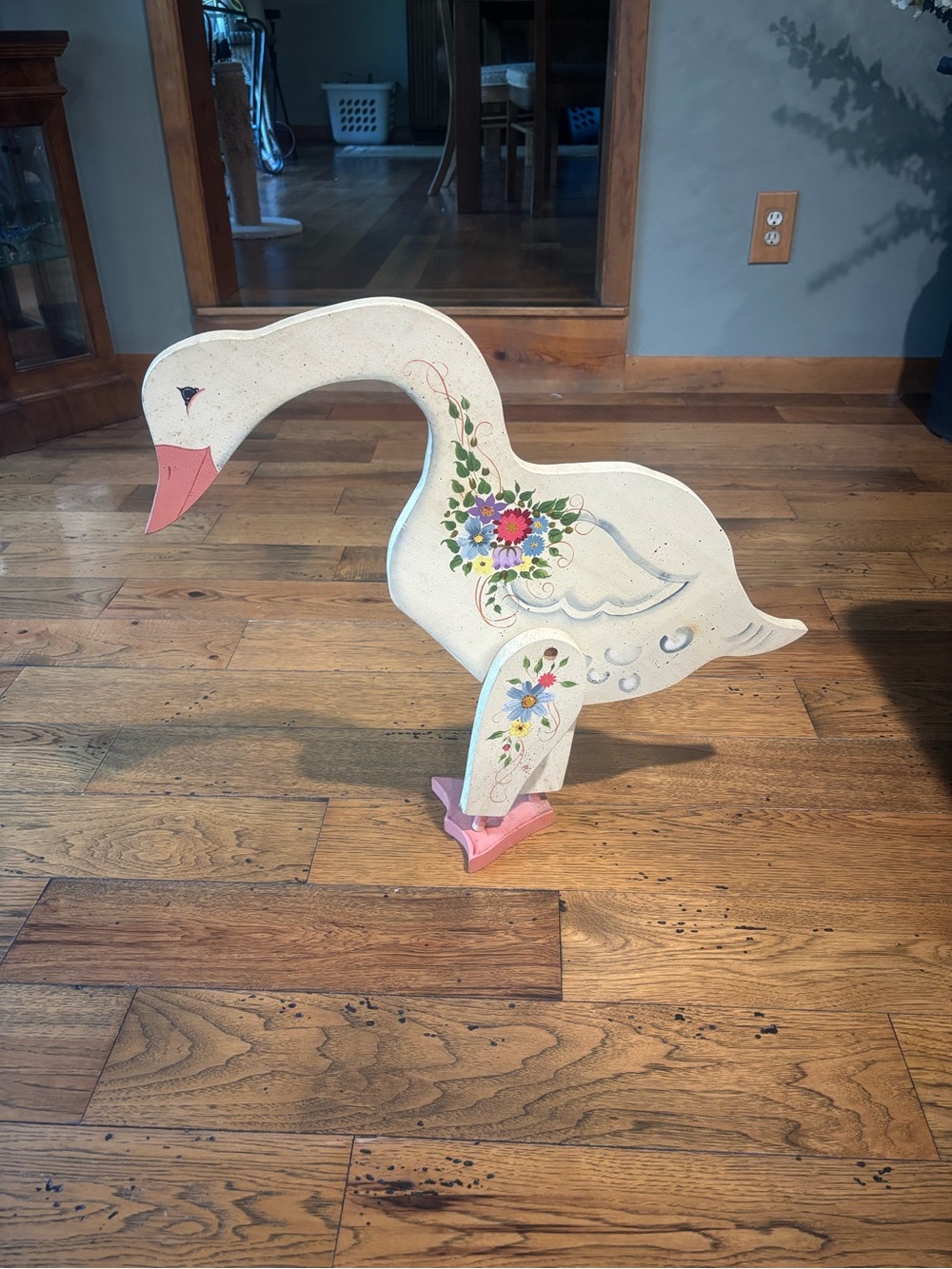Vintage Hand-Painted Floral White Wooden Swan Decor with Pink Beak and Foot